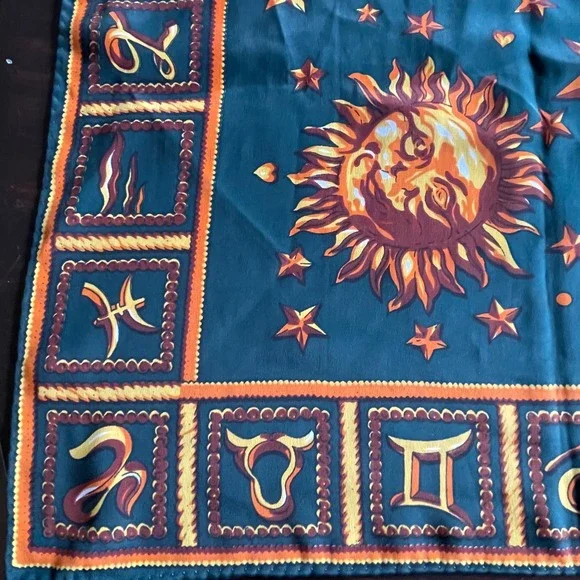 Gianni Versace Vintage Silk Scarf Celestial Zodiac Sun Moon Teal Green 34x34 - Picture 10 of 10
